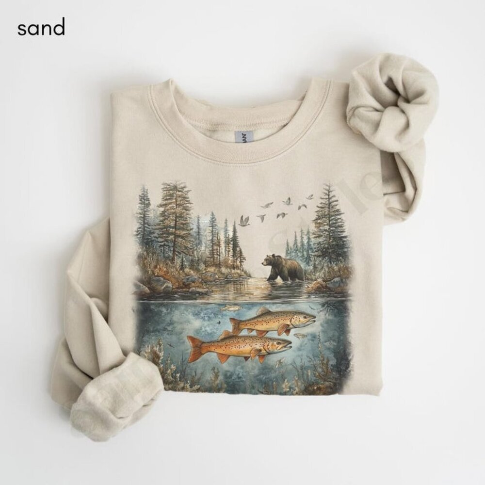 Trout Crewneck Sweatshirt, Nineties Brown Trout Wildlife Sweatshirt 05